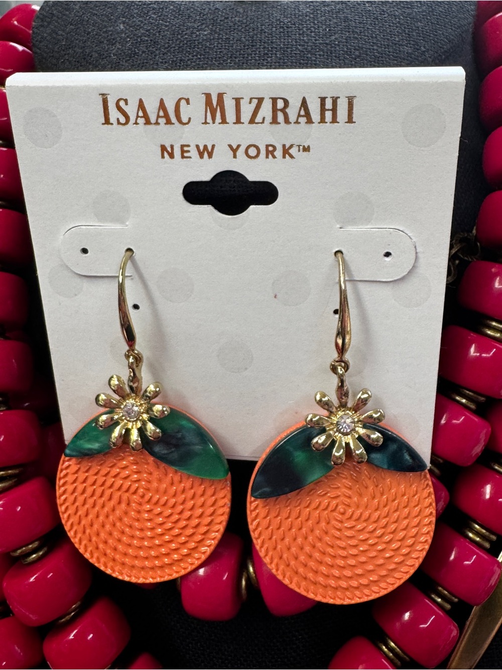 Isaac Mizrahi Orange and Green Floral Drop Earrings
